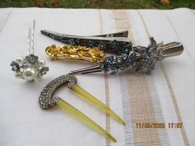 Lote de 5 grampos e alfinetes de cabelo ornamentais vintage - Imagem 1 de 4