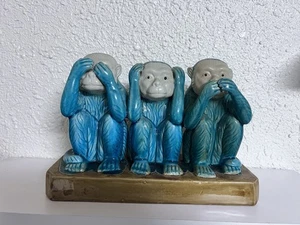 Vintage große Keramik Majolika Weise Affen Sehen Hören Sprechen Nicht Böses Skulptur 18x8 Zoll - Bild 1 von 10