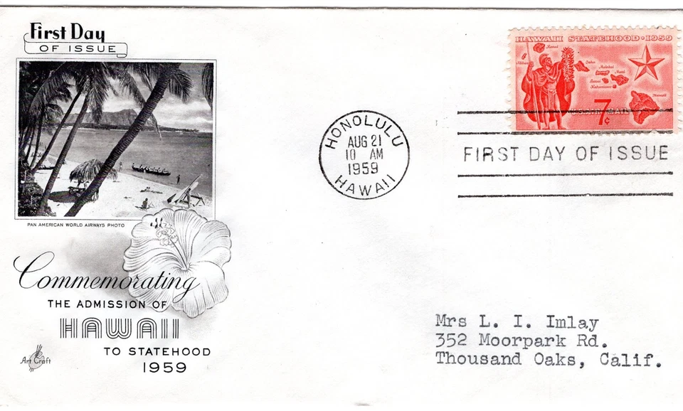 1959 #C55 7c HAWAII STATEHOOD AIR MAIL FDC w ART CRAFT CACHET GEM! - Image 1 of 1
