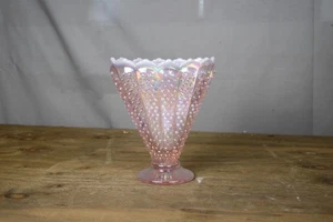 Fenton Hobnail Pink Opalescent Iridescent Footed Vase Scalloped Ruffled Rim - Picture 1 of 8