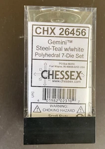 CHX26456 Chessex Manufacturing Gemini Steel-Teal w. White Polyhedral 7 Die Set - Picture 1 of 5