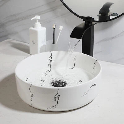 EE. UU. 14" Blanco Mármol Baño Fregadero Redondo Cerámica Lavabo Cuenco Grifo Negro Foto 1 de 4