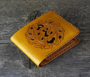 Portafoglio in pelle con foglie di quercia, portamonete, porta carte di credito. - Foto 1 di 10