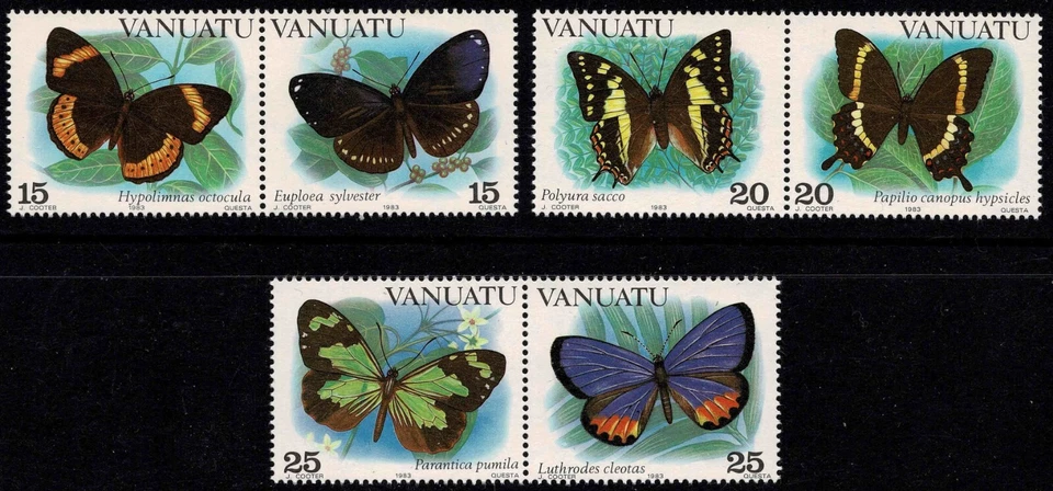 Вануату 1983 бабочки - в парах - полный набор из шести марок - MUH - Изображение 1 из 1