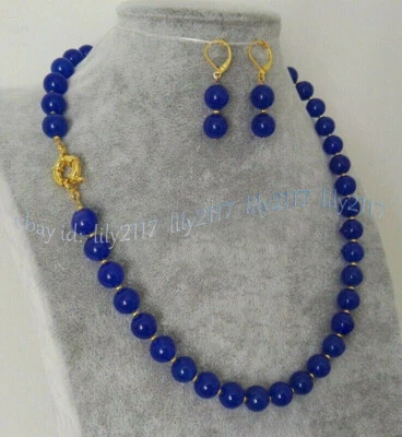 Conjunto de brincos de colar de contas de pedra preciosa redondas de jade azul natural 6/8/10/12 mm 18"" - Imagem 1 de 4