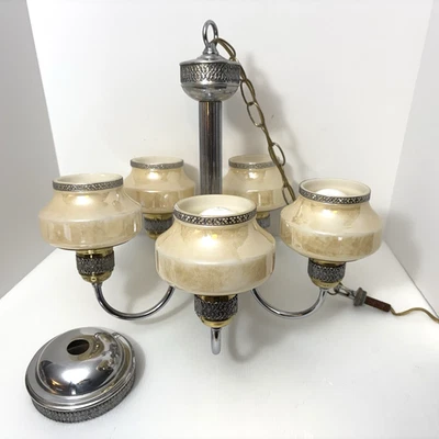 Vtg Antique 1938 Gill Glass Art Deco Sherwood 5 Arm Custard Shade Chandelier - Image 1 of 4