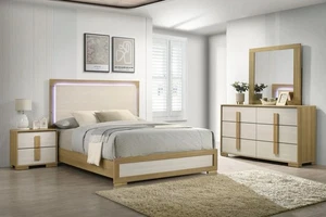 NEW LED Two-Tone Oak Brown Queen King 4PC Modern Rustic Bedroom Set Bed/D/M/N - Picture 1 of 13