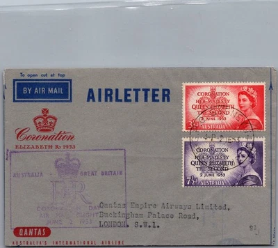1953 年悉尼澳大利亚加冕航空邮件封面 FFC 到白金汉宫伦敦 — 第 1/2 张图片