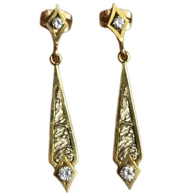 18K Solid Yellow Gold Genuine Diamond Dangle Earrings Art Deco - Image 1 of 4