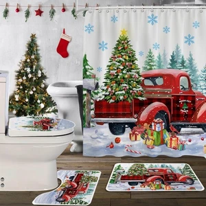 Christmas Shower Curtain for Bathroom Set,Christmas Decor 4 PCS with Watercolor - Picture 1 of 6