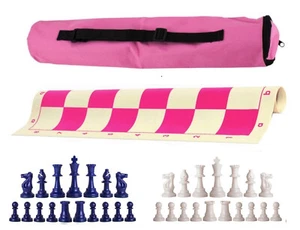 Pink Archer Single Weight Chess Set - Board Bag w/ Navy & White Pieces - Picture 1 of 5