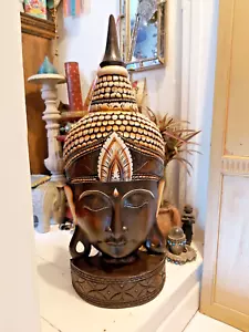 ENORME TESTA DI BUDDHA THAILANDESE IN LEGNO MASSELLO ARTIGIANALE - ALTA 76 cm - Foto 1 di 15