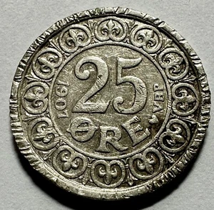 1907 Denmark 25 Ore - .600 SILVER - King Frederick VIII - KM#808 - Rare Find - Picture 1 of 2