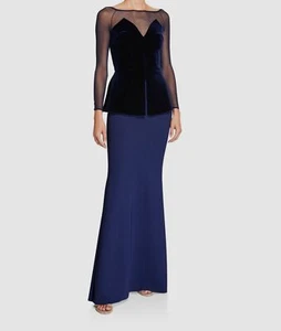 $1090 Chiara Boni Women's Blue Velvet Peplum Illusion Gown Dress Size IT48/US12 - Picture 1 of 4