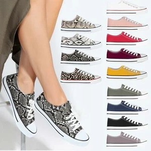 Women Low Top Trainers Sneakers Classic Canvas Lace Up Pumps Flat Shoe Sizes 3-8 - Picture 1 of 77
