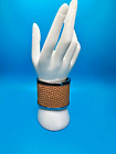 Michael Kors Large Cuff Bracelet Leather Carmel Rattan Weave  Silver Tone Signed
