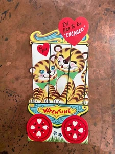 Linda Tarjeta de San Valentín Kitsch "Encaged" Tigres Circo De Colección c 1950 Sin Usar Nueva de Lote Antiguo - Imagen 1 de 4