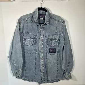 Mens Denim Shirt Size XL Graffiti Blues Button Up Acid Wash Relaxed Fit Vtg Y2K - Picture 1 of 24