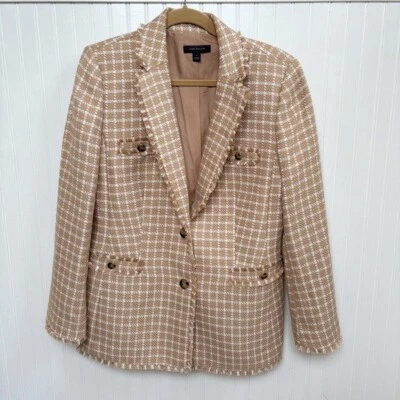 Ann Taylor Camel Tan & White Plaid Tweed Fringe Trim Blazer Jacket Size 10 - Image 1 of 4