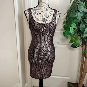 Topshop Sequin Sleeveless Scoop Neck Bodycon Mini Dress Rose Gold Black Sz 4 - Picture 1 of 15