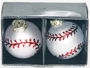 CHRISTMAS ORNAMENT BASEBALL 2 TWO EACH BOX GLASS BALLS STITCHES HANGING - Picture 1 of 2