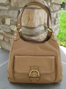 COACH Campbell TAN Beige LEATHER Shoulder HOBO Bag Purse BRASS Buckle 2 Handles - Picture 1 of 20