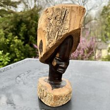 Vtg African Head Bust Figure Carved Wood 10" Tall Sculpture