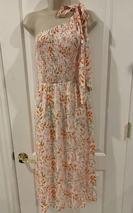 New White Size M Smocked One Shoulder Dress Bow Tie Orange Floral Midi - Picture 1 of 12