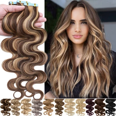 60PCS Tape In Real Virgin Human Hair Extensions SkinWeft Balayage Thick BodyWave - Image 1 of 4