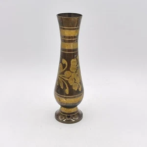 Dark Solid Brass Vase Decorated with Flowers Etched 7” Tall - Picture 1 of 8