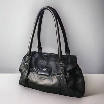RADLEY LONDON BLACK LEATHER DOUBLE HANDLE HAND BAG MEDIUM FLAP OVER - Image 1 of 4