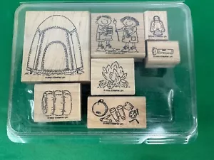 Juego de 7 estampillas de goma de madera 2002 STAMPIN UP CAMPAMENTO tienda de campaña fuego S'mores - Imagen 1 de 10