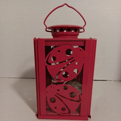 Pink Metal Lantern with Glass, Ladybug Design Turn Bottom Knob To Insert Candle - Image 1 of 4
