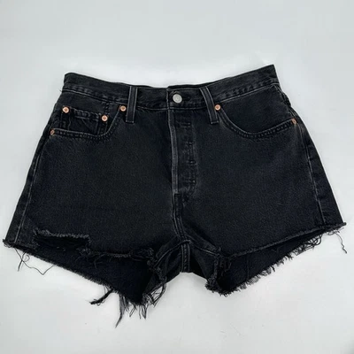 Levis 501 Jean Shorts Women W29 Black Cut Off High Waist Button Fly Cotton Denim - Image 1 of 4