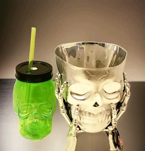 Gothic Punk Skulls Lot Silver Snack Bowl 7"×6" & Green Skull Tumbler With Straw  - Picture 1 of 3