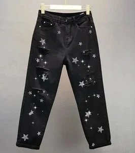 New Women Luxury Diamond Stars Rhinestones Black Fashion Jeans Denim Pants - Picture 1 of 7