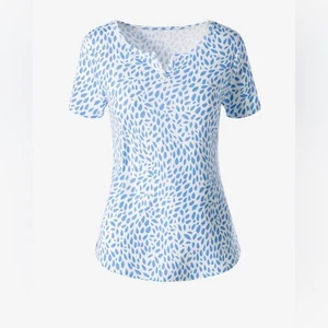 Neu mit Etikett Chico's Damen-T-Shirt Pretty Petals Schlitzausschnitt blau und weiß - Bild 1 von 9