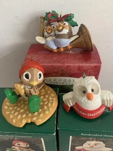 Lote de 3 adornos vintage con sello pájaros Owliday 1989 gorrión 1989 amigos 2000 - Imagen 1 de 12