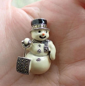 Judith Jack sterling silver Marcasite Enamel Christmas Snowman Pin Brooch - Picture 1 of 4