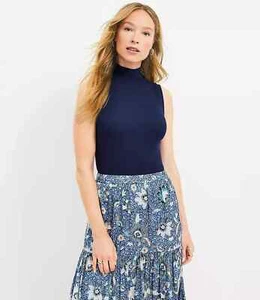 Camicetta Ann Taylor LOFT L blu navy maglia morbida ed elasticizzata finto collo top senza maniche - Foto 1 di 6