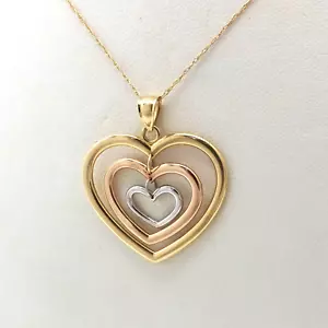 14k Tricolor Gold Open Hearts Pendant necklace Triple Charms 3gr 18in - Picture 1 of 6