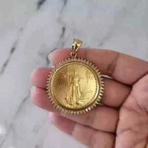 2Ct Round Cut Lab Created Diamond Liberty Coin Pendant 14k Yellow Gold Plated - Picture 1 of 4