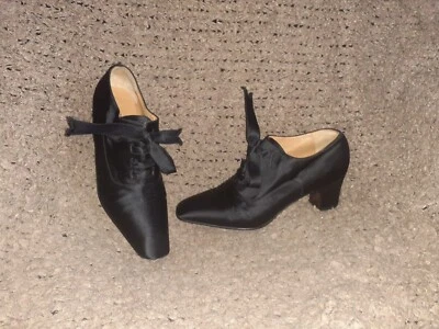 Vintage CASADEI-Black Silk/Satin Bootie-Ribbon Lace-Cuban Heel-Sz 38.5-Near Mint - Image 1 of 4