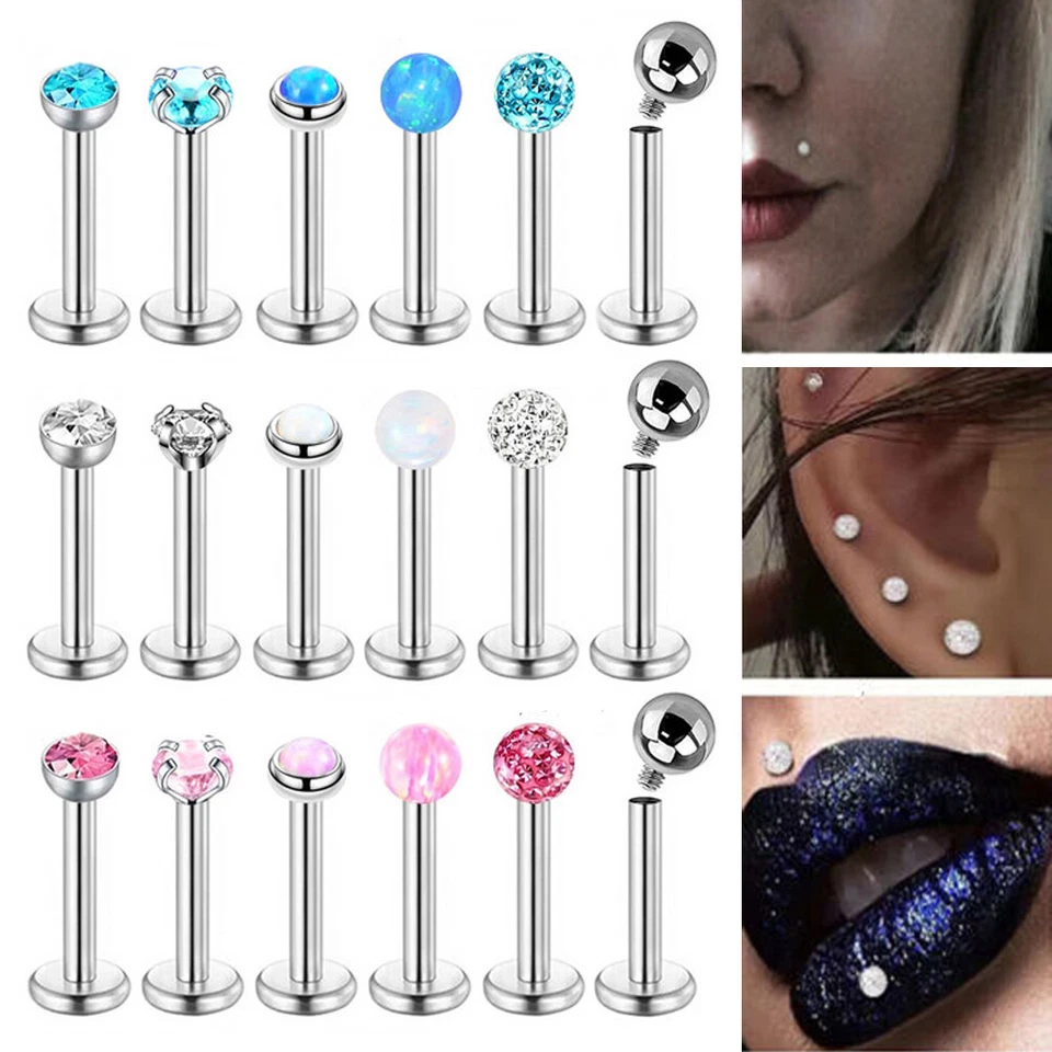 6pc 16g Internal Thread Labret Steel Opal CZ Monroe Lip Tragus Ear Stud Piercing Foto 1 de 4