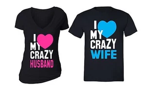 Couples Matching Shirts love crazy husband wife  Vneck + Crewneck T-shirts S-6X - Picture 1 of 1