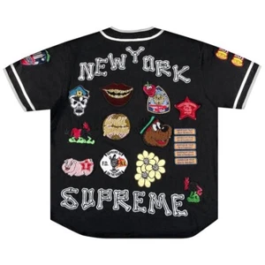 Supreme Patches Denim Baseball Jersey Black Size Medium - Picture 1 of 5