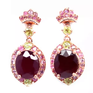925 Sterling Silver 9 x 11 MM. Red Ruby, Green Peridot & Pink Sapphire Earrings - Picture 1 of 4