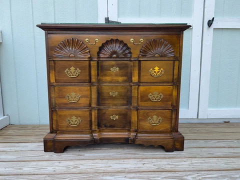 Late 20th Century Cherry Carved Shell Block Front 4 Drawer Chest Brass Pulls Cover