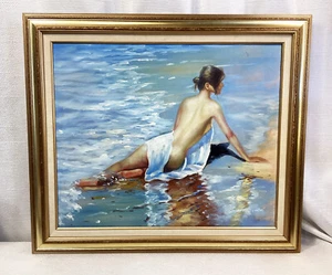 Oil Painting By M Harold Signed Framed Woman on Beach Art Painting 24x20 - Picture 1 of 7