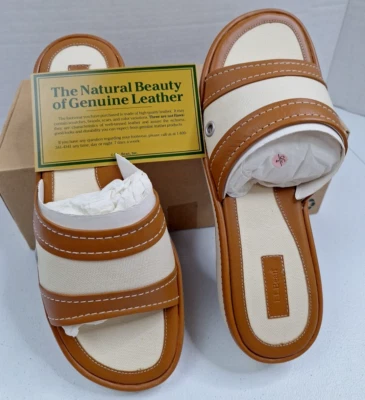 LL Bean Sz 9M Cream Canvas & Brown Leather Sandals Boat Tote Style Slides Shoes - Image 1 of 4
